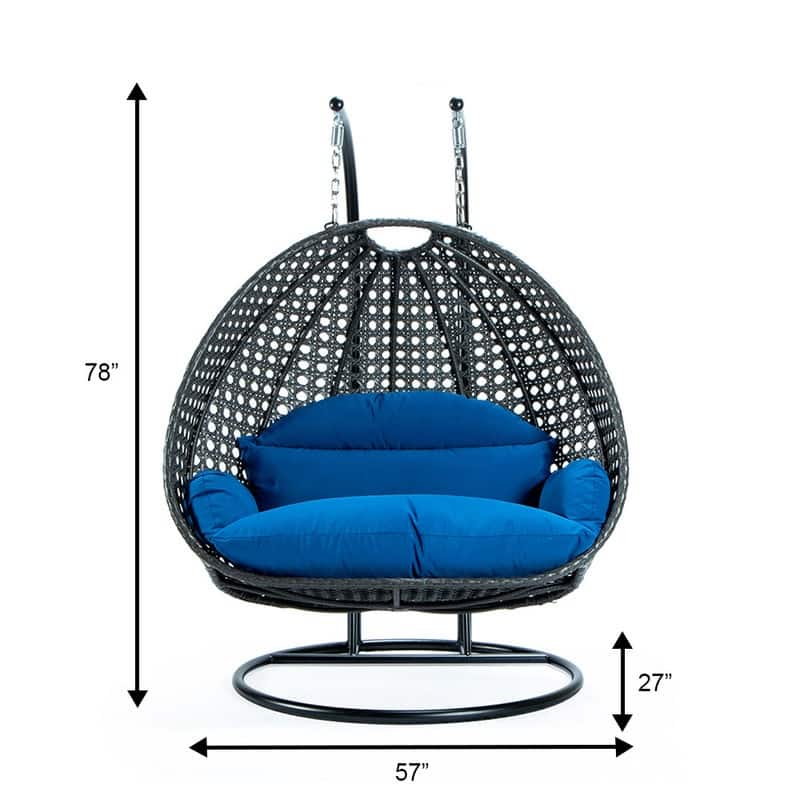 LeisureMod 2-Person Charcoal Wicker Egg Swing - Includes Metal Stand & Cushions - Modern Double Patio Lounger