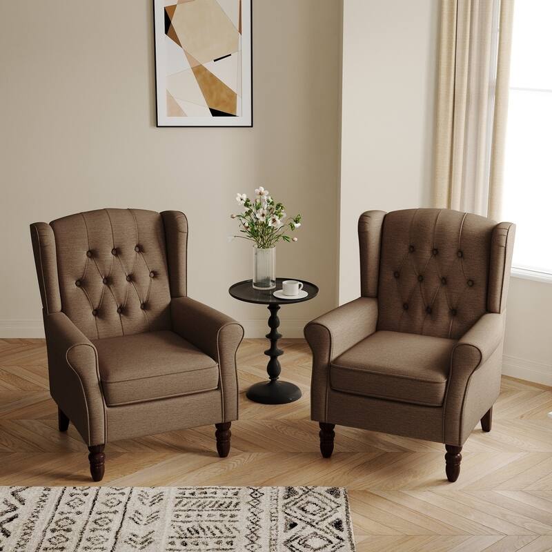 Button-Tufted Accent Club Chair Wingback Armchair Set of 2 - Brown