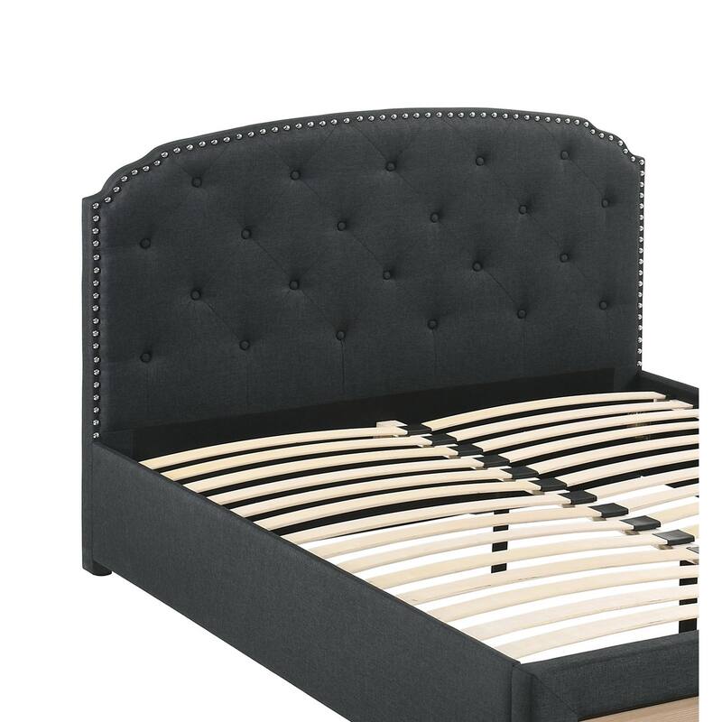 Charcoal Burlap Fabric Twin Size Bed with Drawer and Button Tufted Headboard