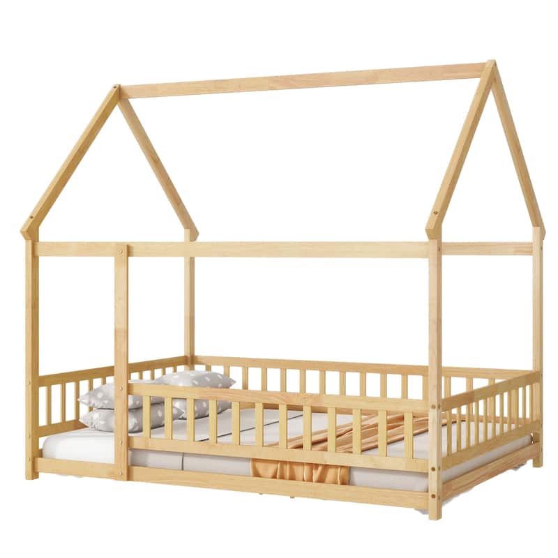 Full Size Wooden House Floor Bed with Roof Frame and Safety Guardrails, Natural Finish
