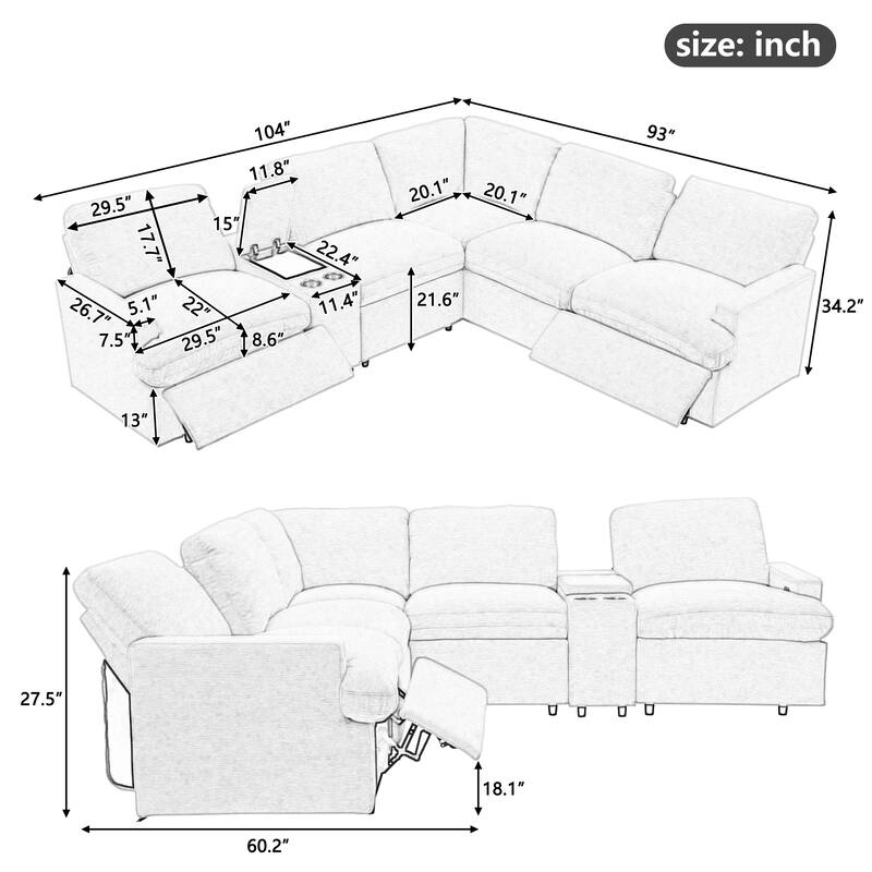 104'' Power Recliner Corner Sofa Home Theater Reclining Sofa Sectional Couches with Storage Box, Cup Holders, USB Ports