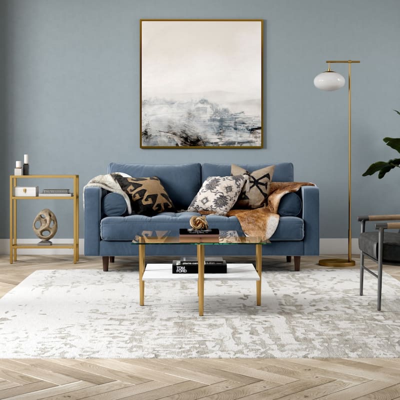 32" Square Modern Coffee Table with Glass Top and Metal Legs Lower Shelf Storage for Living Room - 32"L x 32"W x 17"H