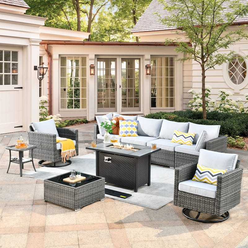 XIZZI 9 Pieces Patio Wicker Furniture Swivel Rocker with Firepit Table - Grey