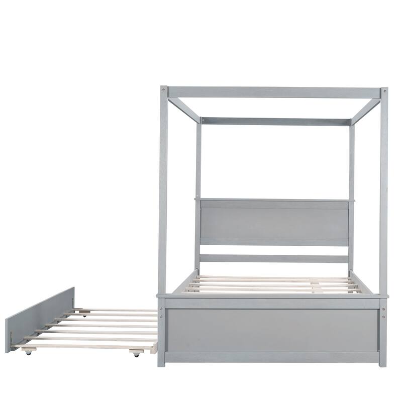 Full Wooden Canopy Bed with Trundle & Slats