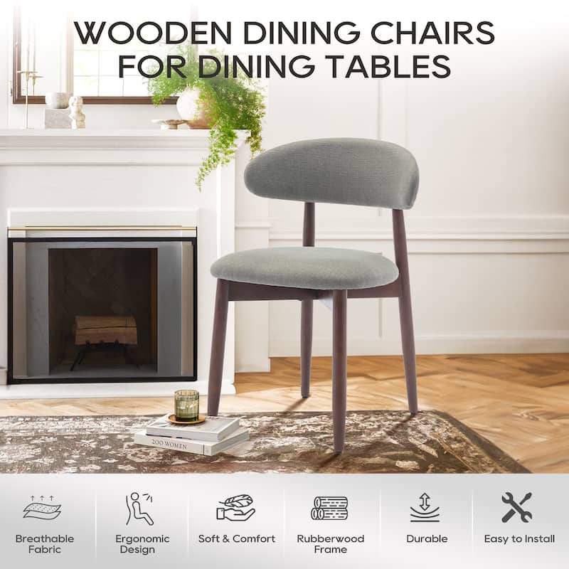 Set of 2 Wooden Dining Chairs, Fabric Upholstered, Beige