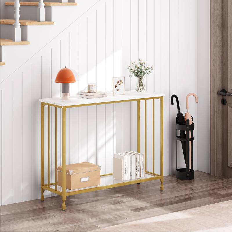 2 Tier Retro Console Table with Glass Shelf Storage