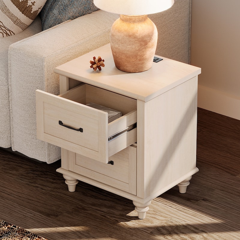 Nightstand with Charging Station, 2-Drawer End Table for Bedroom