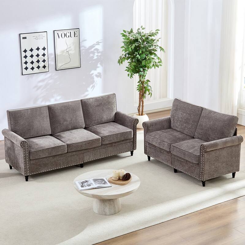 Mixoy 2 Piece Living Room Sofa Set with Riveted Design,Chenille Nailhead W76''3-Seater Sofa Couch with W53''Loveseat Sofa