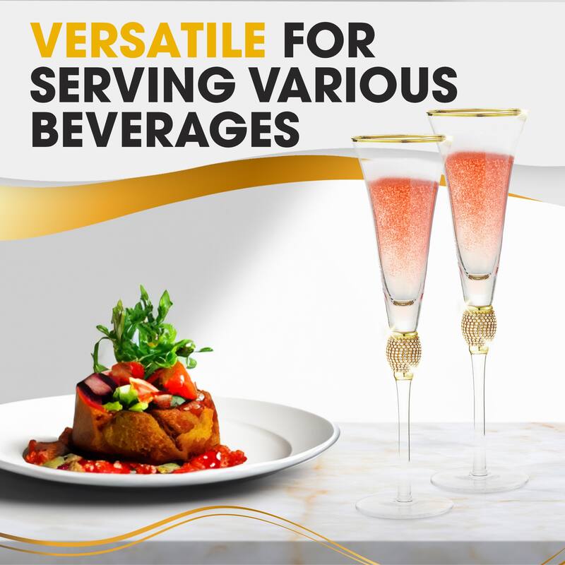Berkware Luxurious Champagne Trumpet Flutes with Dazzling Rhinestone Rim