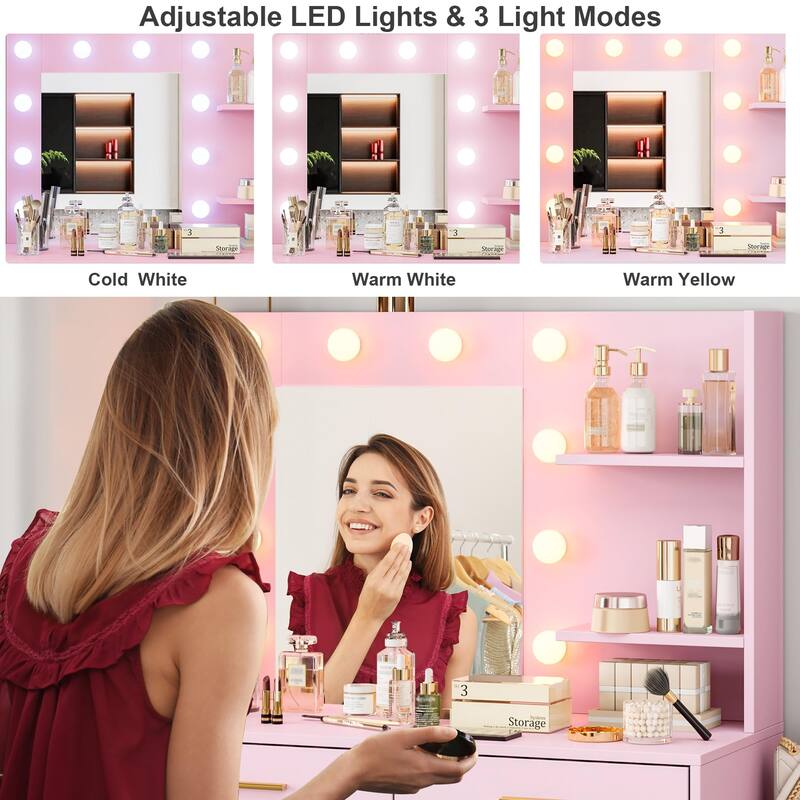 61" Make up Vanity Desk with Mirror and Lights, 3 Lighting Modes Vanity Organizer with Adjustable Brightness