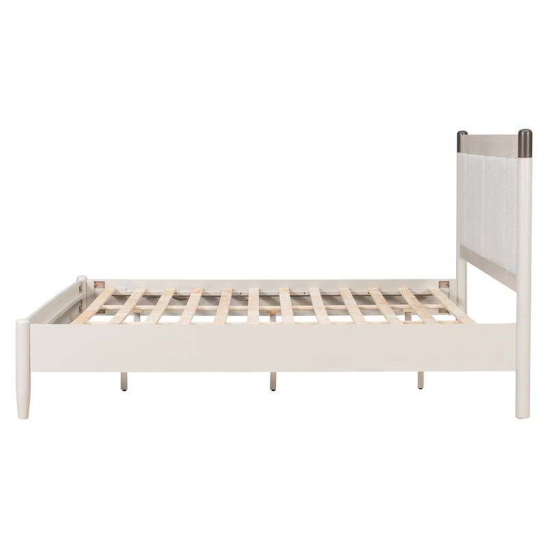 Solid Wood King Bed, Heavy Duty 600 lbs Support, No Box Spring Needed, Upholstered Headboard with Metal Handles