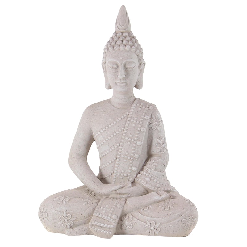 Magnesium Oxide Buddha Indoor Outdoor Meditating Garden Sculpture with Floral Carvings - Gray - Roche River Decor - Gray