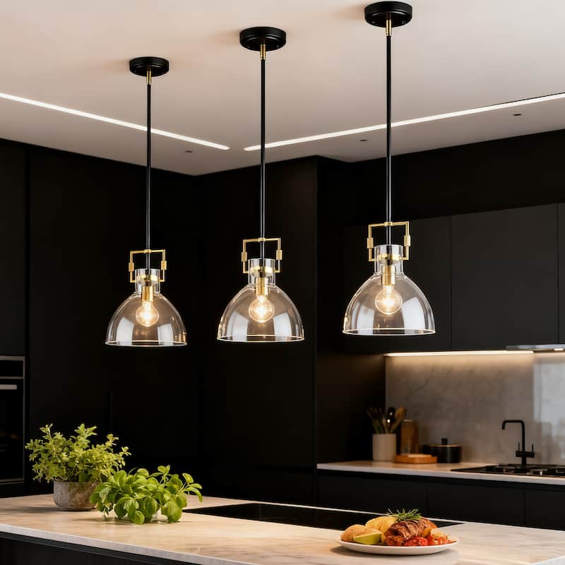 Black and Antique Gold 1-Light 10 Inch Bowl Glass Pendant