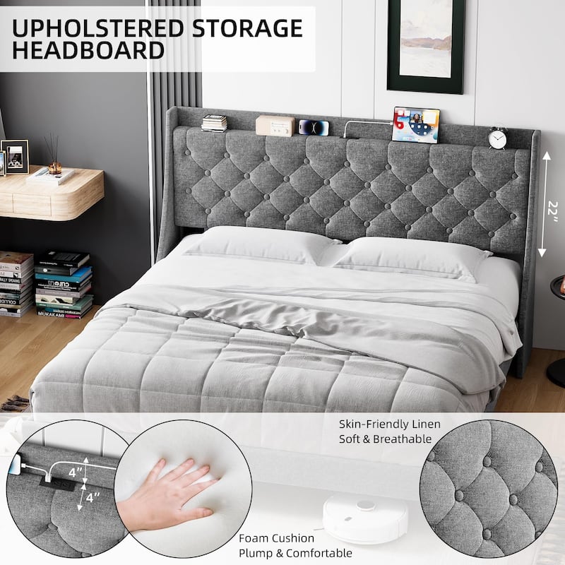 Bed Frame with Upholstered Wingback Headboard