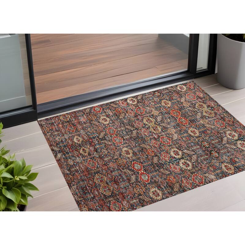 Paro Botanic Elegance Weather Resistant Classic Meets Modern Outdoor Rug - 3' x 5' - Red/Blue