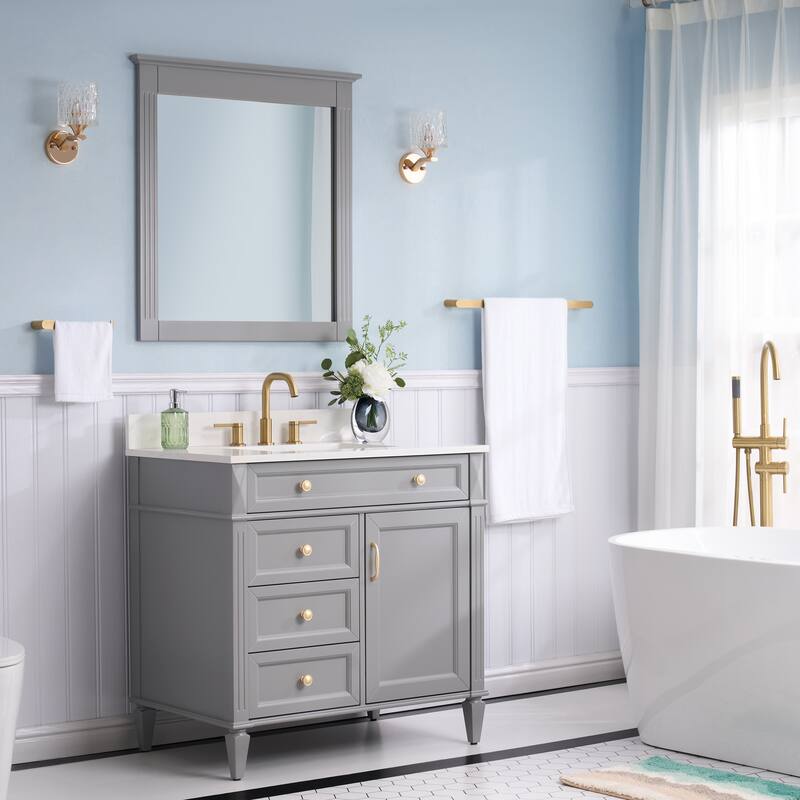 35''H Solid Wood Bath Vanity With Carrera White Quartz Top and Sink