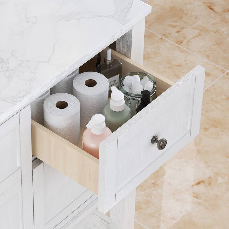 48 Inch Single Bathroom Vanity with 6 Drawers, Marble Top Bathroom Vanity with Sink in White