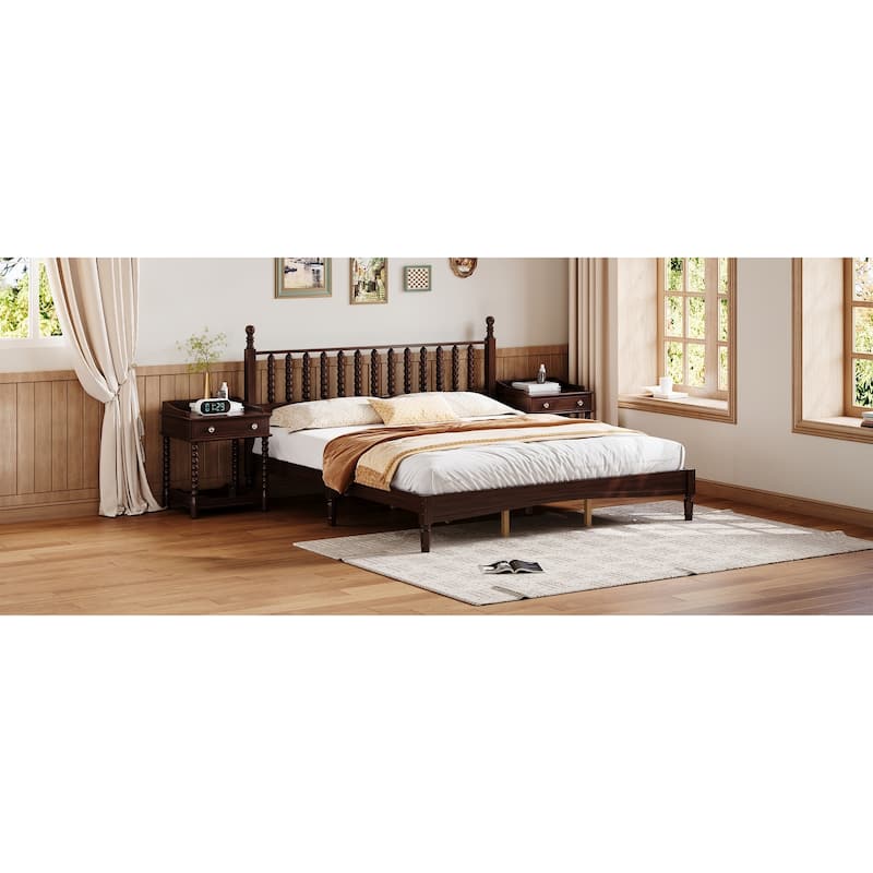 Wood Platform Bed Frame with Gourd Shaped Headboard, Retro Style Low Profile Bed with Wooden Slat Support, No Box Spring Needed