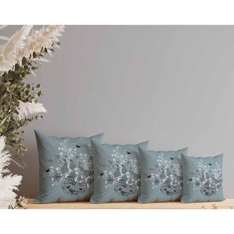 Elegant Floral Bouquet Indoor/Outdoor Reversible Throw Pillow Mint and Gray