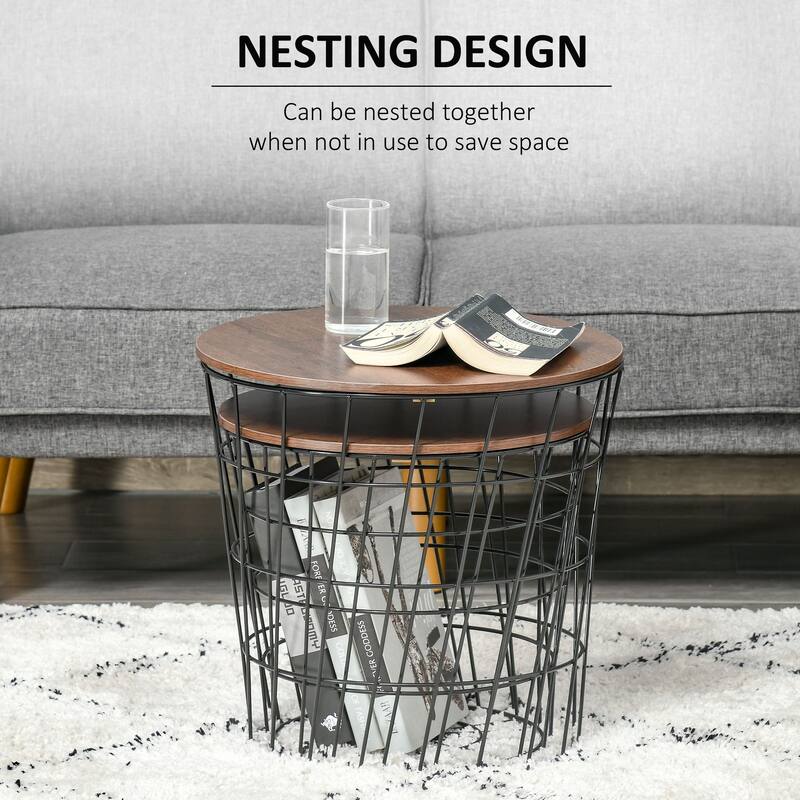 HOMCOM Set of 2 Side Tables Nesting Coffee Table with Storage, Stacking Side Tables with Metal Frame and Removable Top