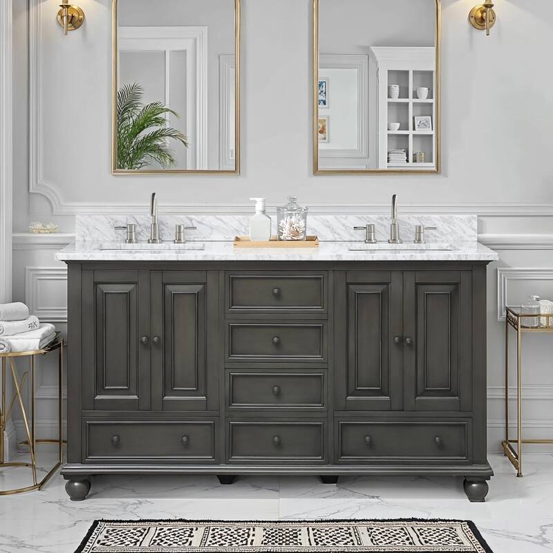 Avanity Thompson 60 in. Double Sink Bathroom Vanity with Carrara Marble Top - 61"W x 22"D x 35"H - Charcoal Glaze