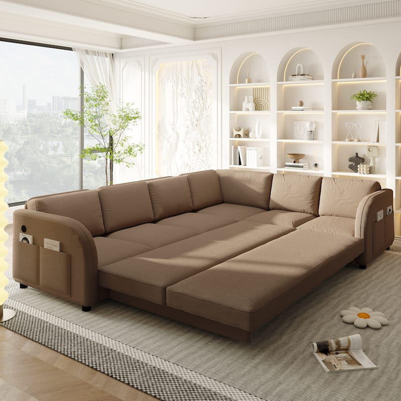Sectional Sleeper Sofa with Pull Out Bed, Convertible Teddy Fabric Couch with Side Pockets & USB Ports, L Shaped Modular Couches
