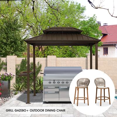 PURPLE LEAF 6ft x 8ft Hardtop Grill Gazebo Galvanized Steel Roof Outdoor BBQ Canopy with 2 Pcs Counter Height Stools