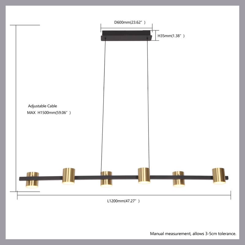 6-Light Modern Kitchen Island Linear Dimmable LED Pendant - Black+Brass
