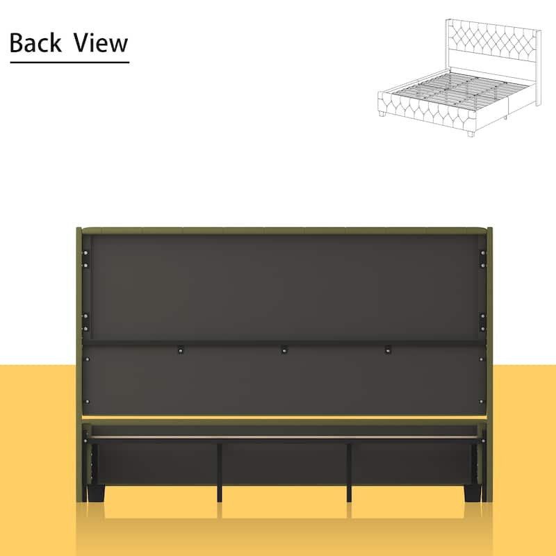 King Size Olive Green Leather Upholstered Platform Bed with Extra Tall 52.8" Tufted Wingback Headboard Bed Frame