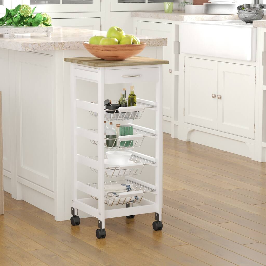 HOMCOM 32.25" Wooden Rolling Kitchen Storage Cart on 360-deg Swivel Wheels with Ample Storage Space & Solid Structure