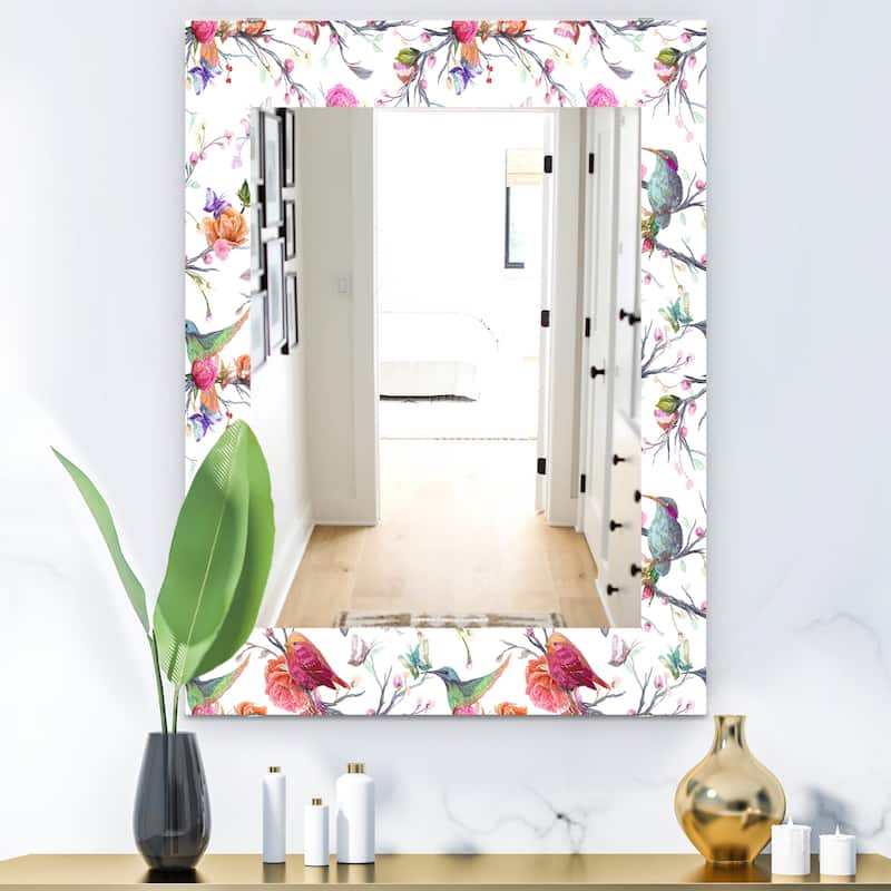 Designart 'Vintage Pattern: Bird, Flowers, Leaves' Farmhouse Mirror - Printed Wall Mirror - 23.7 in. wide x 31.5 in. high