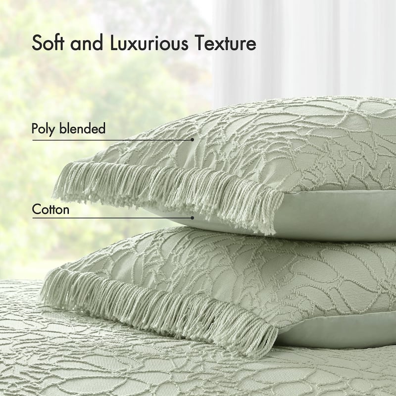 Queen 3-Piece Bedspread Set Poly-Cotton Floral Chenille with Fringe