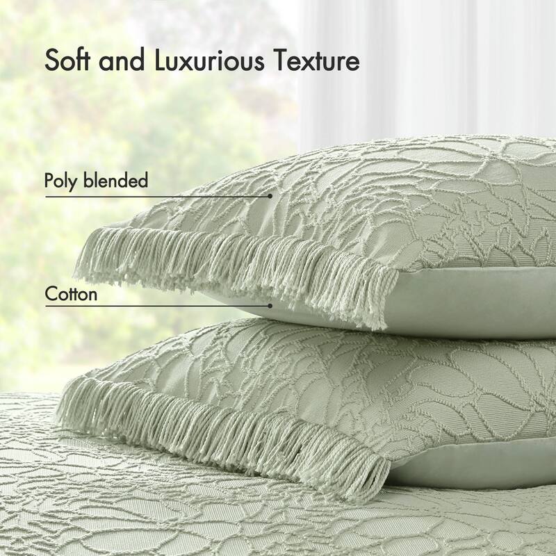 Sage King 3-Piece Bedspread Set Oversized Chenille Floral with Fringe Border