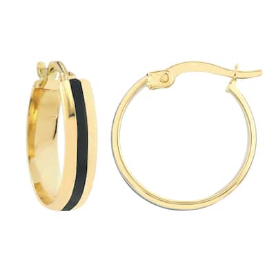Curata 14k Yellow Gold 15x4mm Black Enamel Round Hoop Earrings