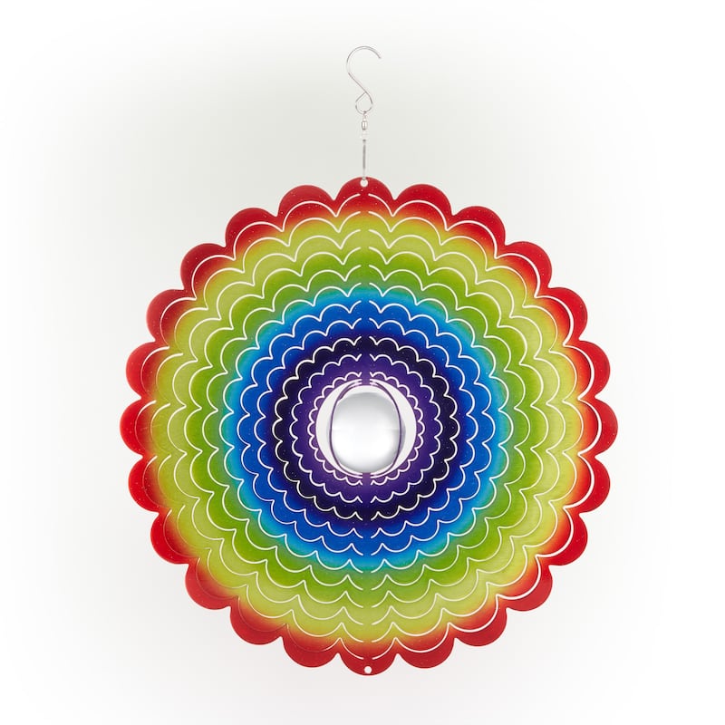 Alpine Corporation 12" Round Outdoor Hanging Rainbow Flower Metal Planet Wind Spinner with Clear Glass Ball