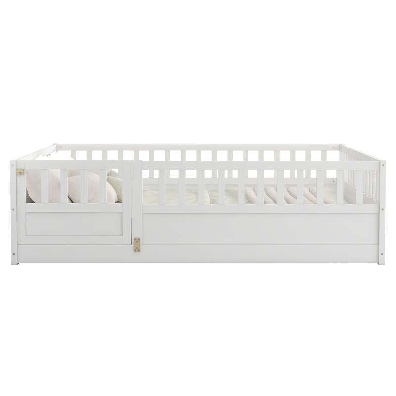 Montessori Wooden Floor Bed for Kids, Full/Twin Size with High Guardrails and Door, Easy Assembly