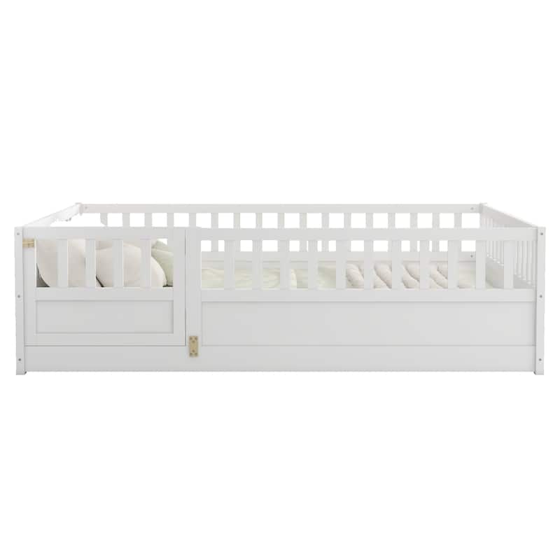 White Full Size Pine Wood Floor Bed, Integral Construction with Super High Security Barrier, Door, Children's Floor Bed Frame