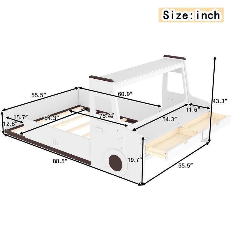Childlike Wooden Platform Bed Interesting Car-shaped Floor Bed Frame with Storage Drawers, Desk, Open Top Shelf and Headboard