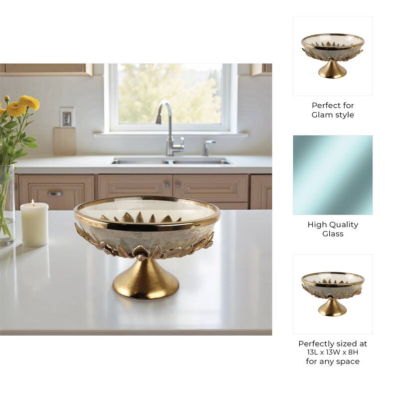 Glass Metal Bowl with Pedestal Base Modern Decorative - 8" Gold - 13" x 13" x 8"