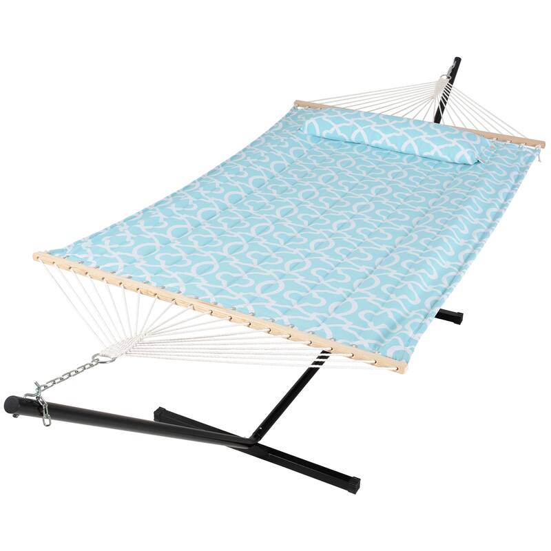 Outdoor Portable Double Hammock with Stand&Pillow Max 475 lbs Capacity - 147.6*55.1*47.6 - Sky Blue Circle Pattern