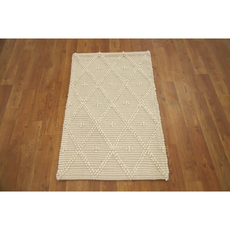 Hand Knotted Oriental 100% Wool Carpet Modern Geometric Beige & Ivories Modern Gotti Design Area Rug - 3' 0'' X 1' 10''