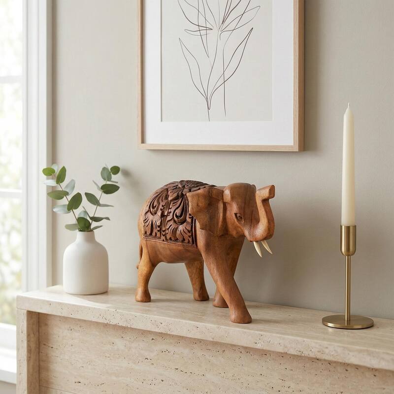 Wooden Hand Carved Thai Elephant Statue Figurine Sculpture Art Decorative Rustic Home Decor Accent Handmade Wood
