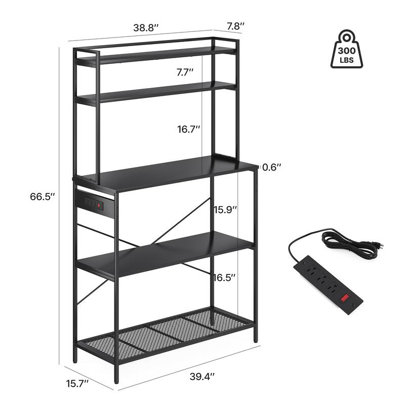 Large 5-Tier Bakers Rack with Electrical Outlets, 39 Inch Microwave Stand & Coffee Bar, Kitchen Storage Shelf for Home
