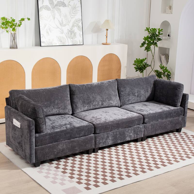 Chenille Upholstered 3 Seater Sofa, Cloud Sofa with 2 Pillows, Deep Seat Sofa with Storage Pocket for Living Room, Apartment
