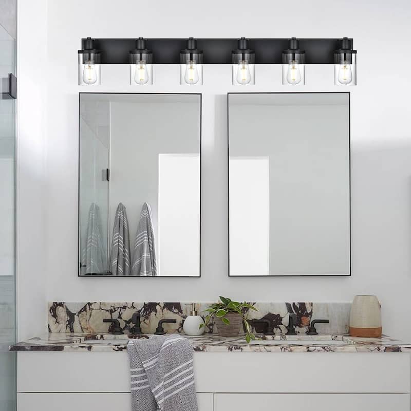Rustic Wall Light Fixture in Matte Black Finish, 6 Light Bathroom Vanity Lighting with Clear Glass Shade, Wall Lamp Sconces