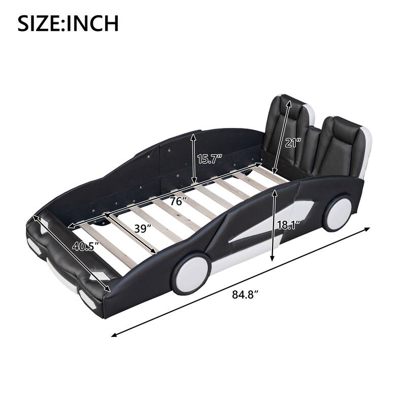Race Car-Shaped Twin Platform Bed with Wheels and Safety Rails, Black