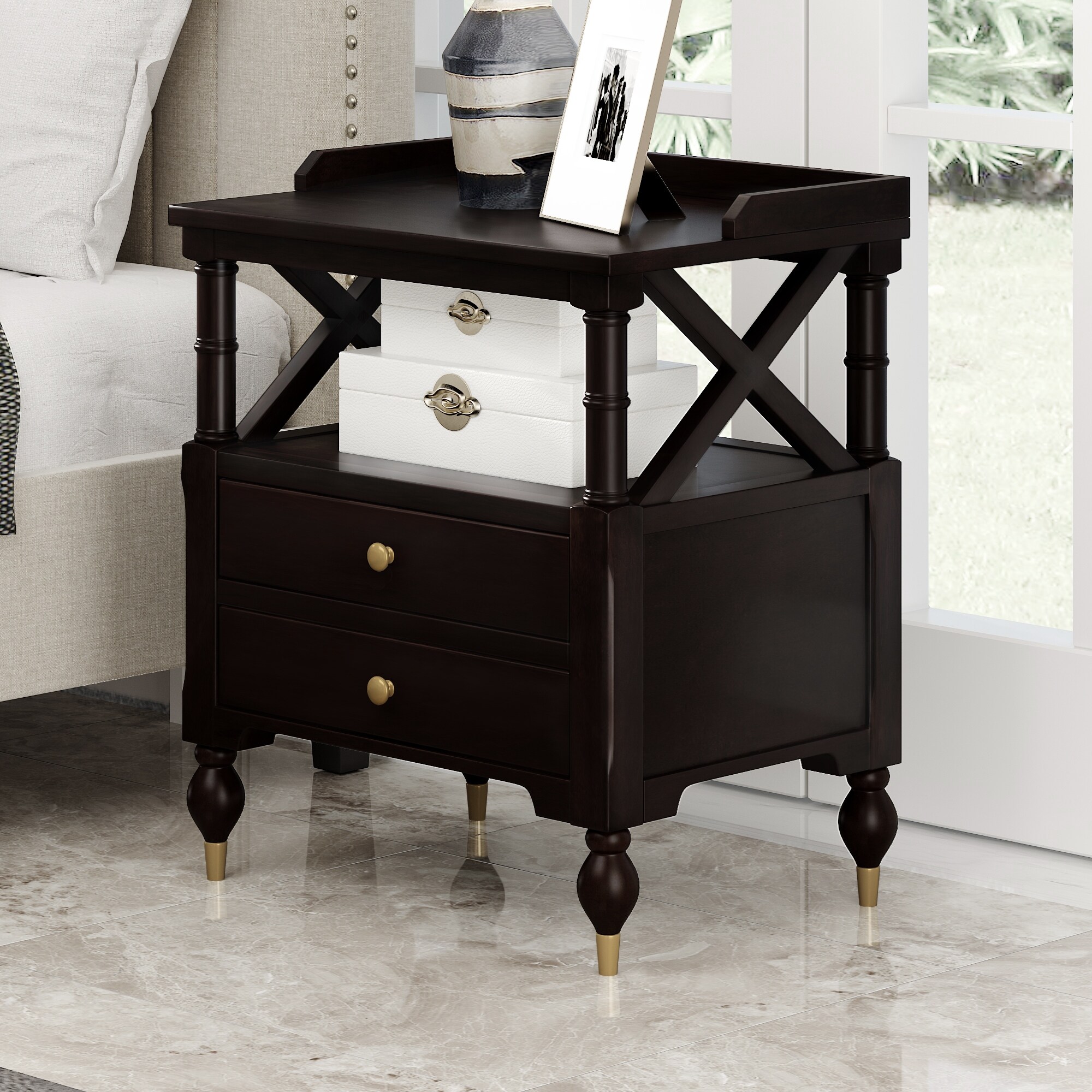 Black bedside table top with gold handles