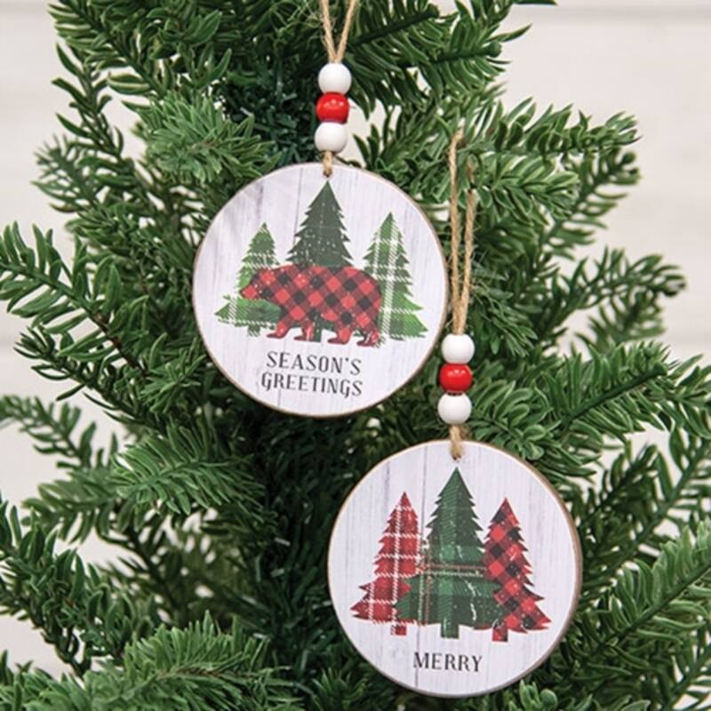 Rustic Woodland Round Christmas Ornaments Plaid Trees and Bear Designs with Jute Hanger 2 Asstd. - 3" diameter x .25" D