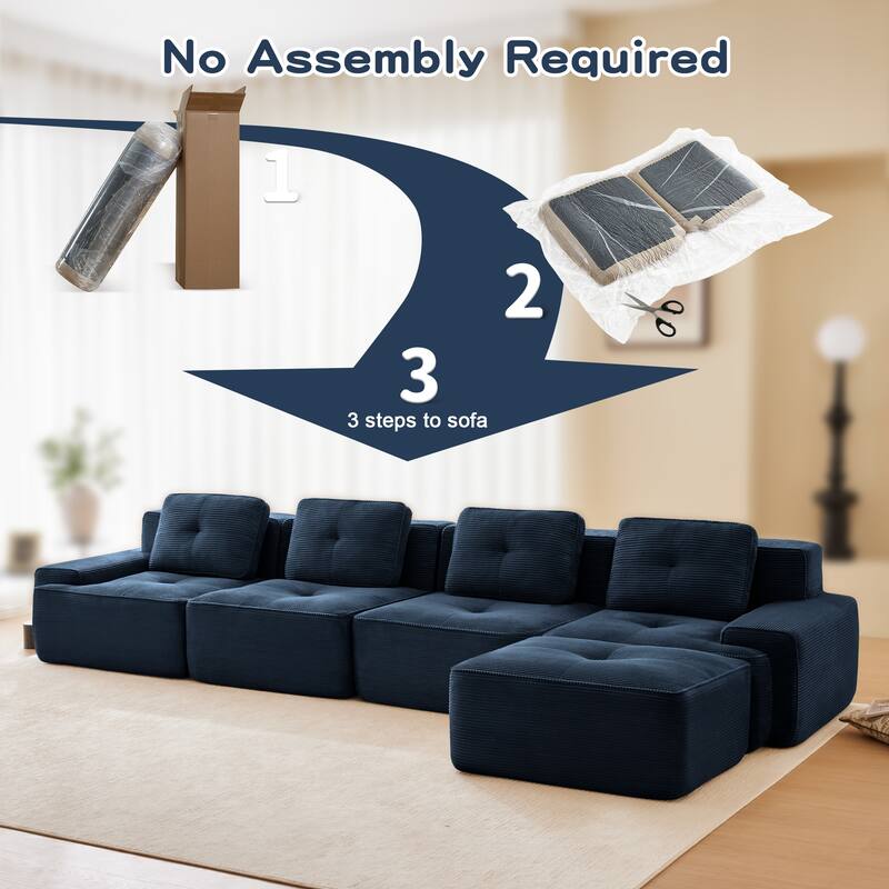L-Shaped Sectional Couch with Ottoman, Oversized Modular Corduroy Sofa
