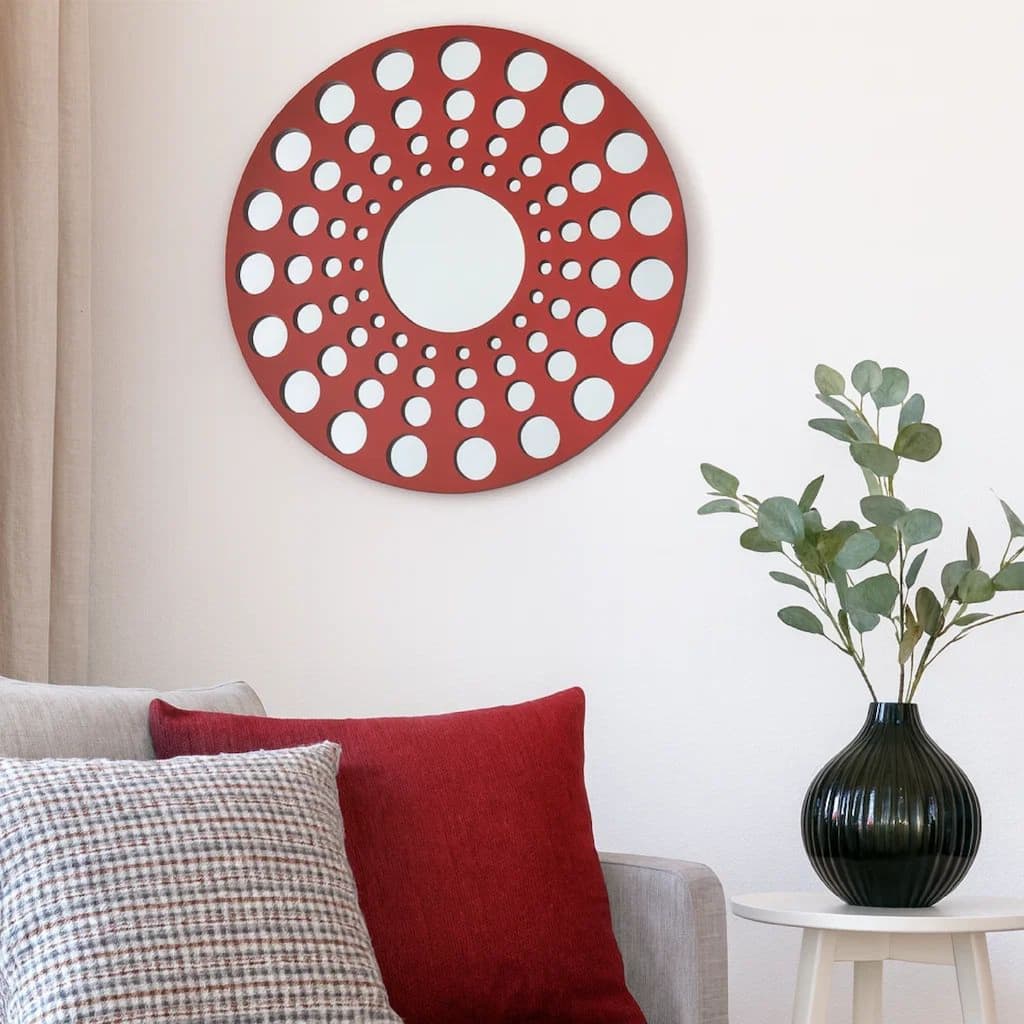 Contemporary Wooden Round Wall Decor Set of 2, with Circle Cut Outs, Red and Silver